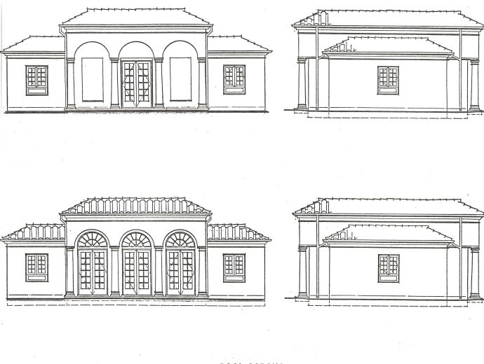 Blueprint of 4 elevations of an ADU studio design with large arched windows & doors, tile roof, and vaulted ceiling.