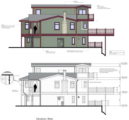 AutoCAD drawing of west side with stone fireplace, vaulted main floor ceilings and view decks