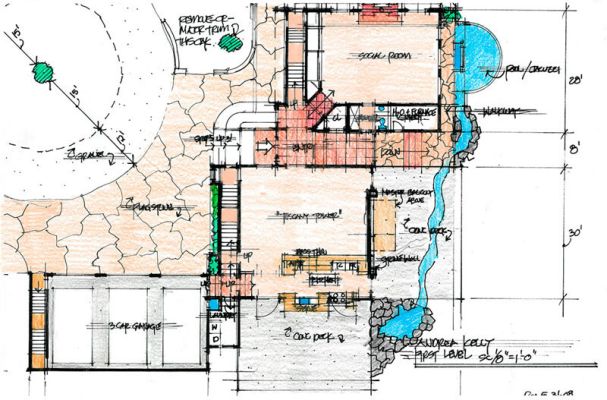 Lower floor plan of proposed hoime in Ojai, CA indicating landscaping with water feature & terrace layout