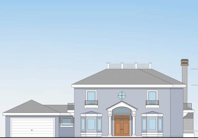 Color rendering of a classic 2-story house with 2-car garage, arched entry portico flanked by large bay windows