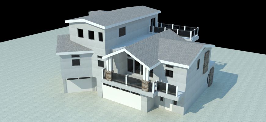 AutoCAD rendering of proposed 3-story Thomas Fire rebuild with 3-car garage, decks and open floor plan in Ventura, CA
