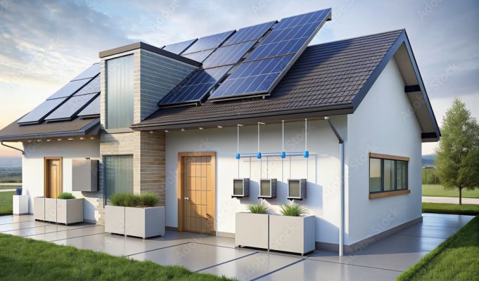 Example of ADU design with rooftop solar panels and inverters.