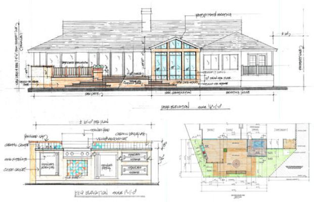 Rear elevation of existing home indicating location and design of new deck, custom built-in BBQ firepit in Irvine, CA