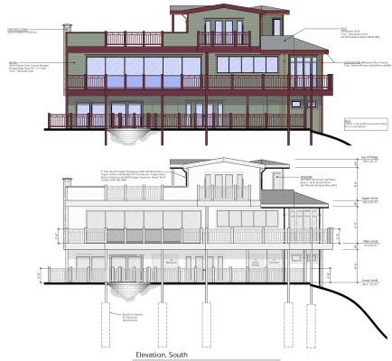 AutoCAD drawing of south side with massive glass & decks on 3 levels overlooking 180 degree view of Pacific Ocean