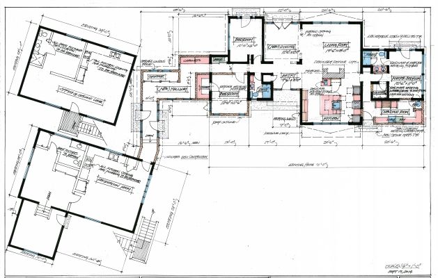 Hand drawn floor plan of California house connected to separate barn structure by hallway with glass doors
