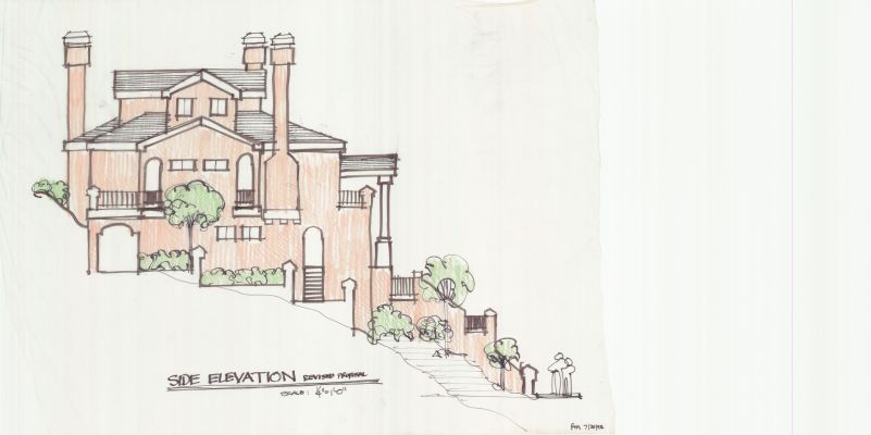 Rough hand drawn concept sketch of proposed 3-story home to replace one lost in the Oakland Firestorm