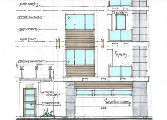 Front elevation concept sketch of permitted 3-story 2BR/3BA house with 3 decks, 2-car garage and JADU in Ventura, CA