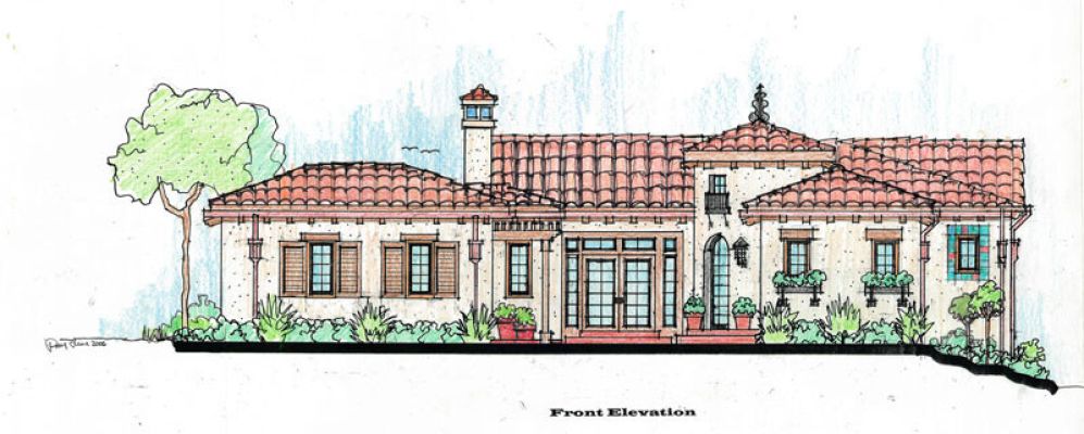 Robert's design for grand entry including French doors with sidelights, front entry turret & copper downspouts