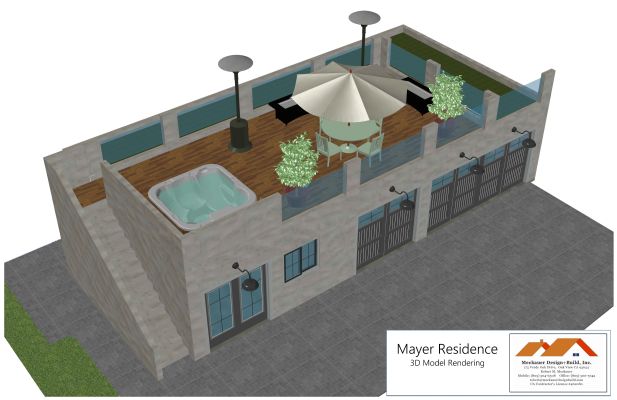 3D image of permitted & built garage converted to ADU with storage & roof deck in Hancock Park district in Los Angeles
