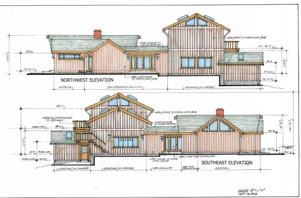 NW and SE elevations of wood clad California house connected to separate barn structure by hallway with glass doors