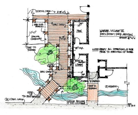 Concept sketch of common area deck walkway over water feature at Warner Center Condominiums in Los Angeles County
