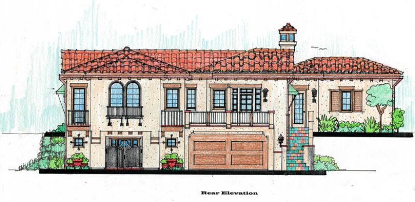 Robert's design sketch of proposed enlarged home with 2-car garage, arched windows, rear deck & tiled stairs