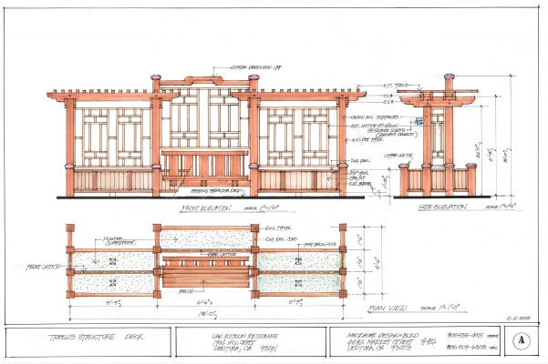 Structural detailing used in construction of Craftsman style trellis on deck of existing home in Ventura, CA