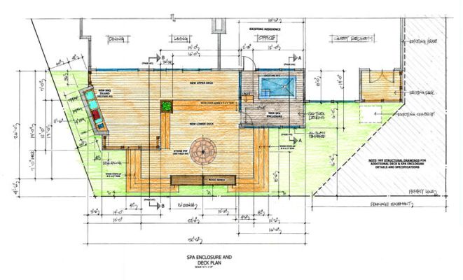 Expanded site plan of new deck indicating terraced layout and indoor spa in Irvine, CA