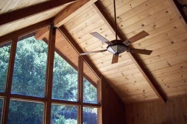 Interior ceiling beautifully paneled in knotty pine with windows extending to the ceiling and ceiling fan