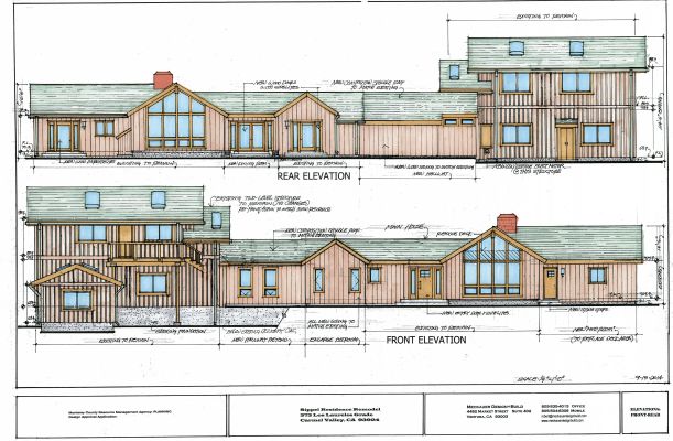 Front and rear elevations of wood clad California house connected to separate barn structure by hallway with glass doors