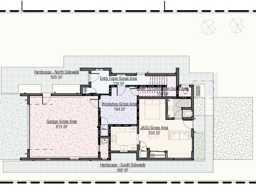 Permitted AutoCAD plan of ground floor of 3-story contemporary house indicating location of JADU in Ventura, CA
