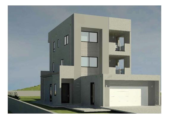 3D image of recently permitted 3-story house with decks, 2-car garage & JADU in Ventura, CA