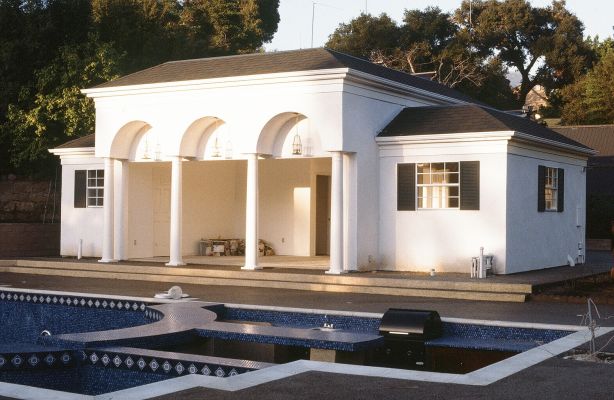 Cabana style classic building with arches & pillars, vaulted roof and covered patio in Santa Barbara, CA
