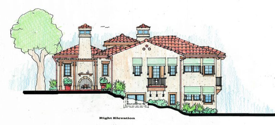 Hand drawn design sketch of proposed enlarged home with patio fireplace, stucco, steel frame windows & Mission tile roof