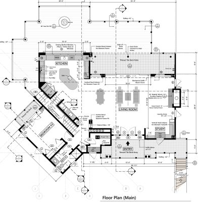 AutoCAD main floor of proposed 3-story Thomas Fire redesign with large decks and open floor plan in Ventura, CA
