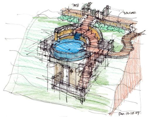 Hillside spa design weith steps, winding path, below grade mechanical for outdoor jacuzzi in Newport Beach, CA