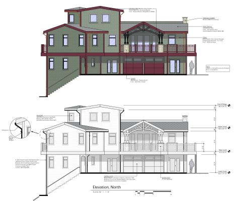 AutoCAD drawing of Thomas Fire redesign with Craftsman style entry with deck, 3-car garage & vaulted ceilings