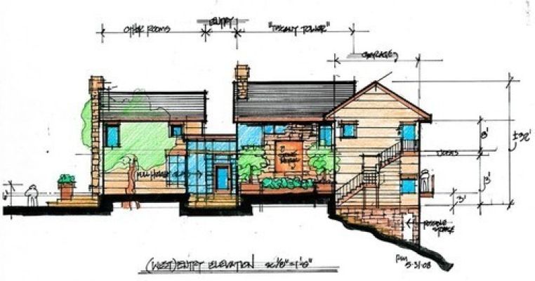 West elevation indicating connection of 2-story main structure to attached guest quarters & social room in Ojai, CA