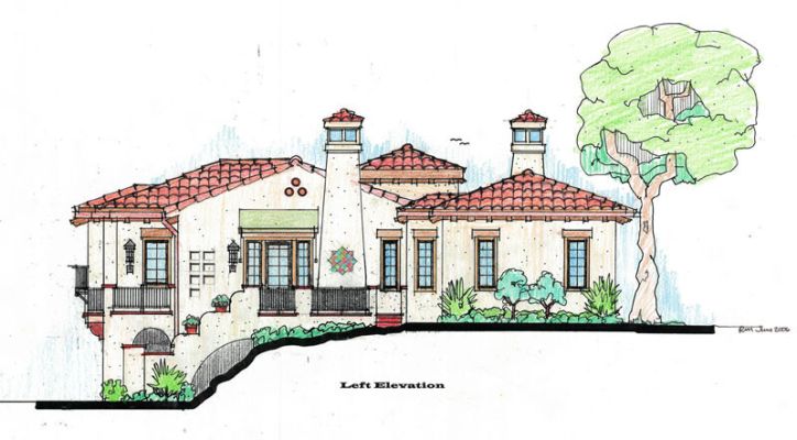 Rear elevation design sketch of proposed enlarged home with chimneys, exposed solid beam lintels & French doors