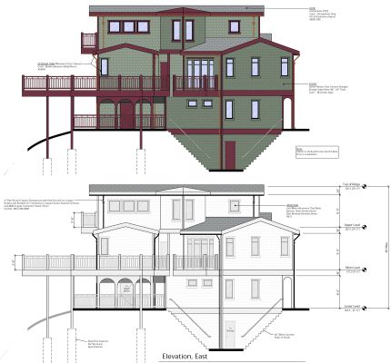 AutoCAD drawing of Thomas Fire redesign with below grade wine cellar and rear guest bedroom