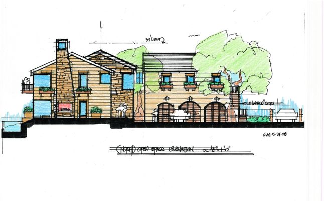 Interesting design mix of stone, wood siding, large glass adjacent to view deck with 3 arched garage doorways Ojai, CA