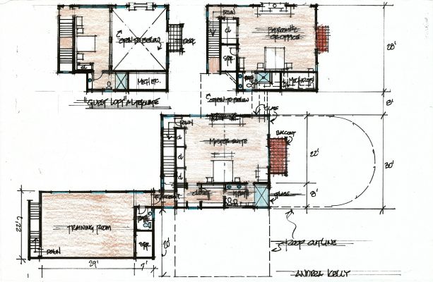 Hand drawn preliminary upper floor plan for home in Ojai, CA with creative layout linking training room to main house